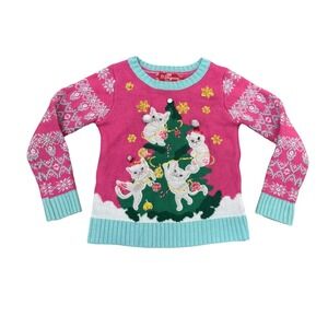 Girls Pink Kitten Christmas Tree Ugly Sweater Sequin XS 6 6X Holiday